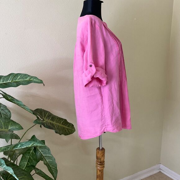 Chaus Sport Top Linen women’s M Pink Roll Tab Sleeves Button up Pin Tuck Blouse - Picture 2 of 10